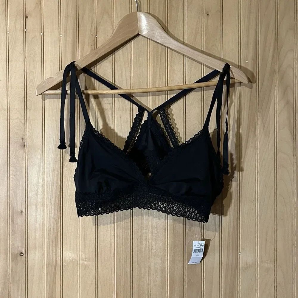 AERIE Womens Large NWT Black Lace Tassel Tie Triangle Strappy Bralette